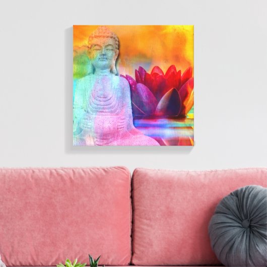 Boeddha-standbeeld & Lotus in water Canvas Afdruk (Insitu (Woonkamer))
