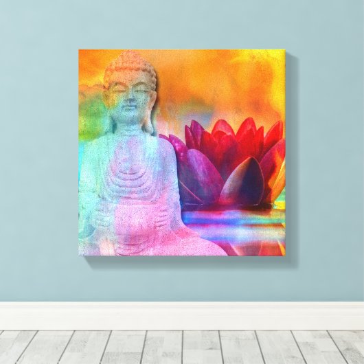 Boeddha-standbeeld & Lotus in water Canvas Afdruk (Insitu (Houten vloer))