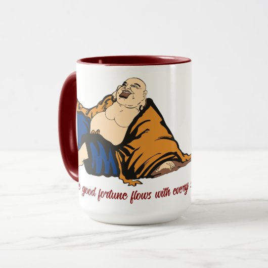 Boeddha waar geluk stroomt met elk slokje mok (Voorkant links)