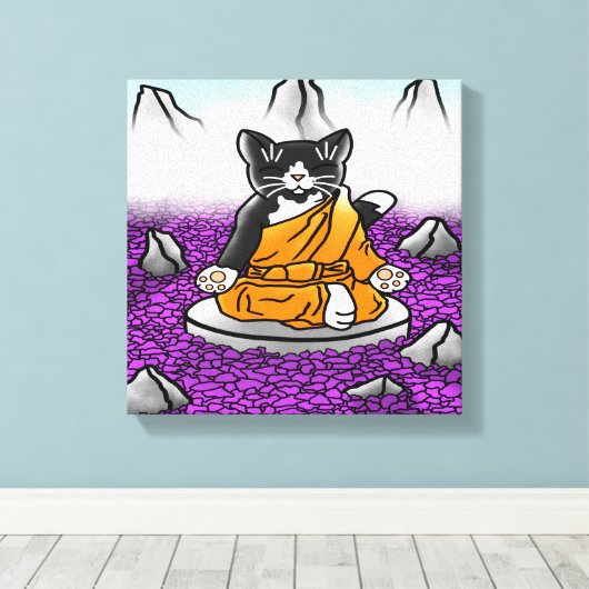 Boeddhist Tuxedo Meditation Cat Canvas Afdruk (Insitu (Houten vloer))