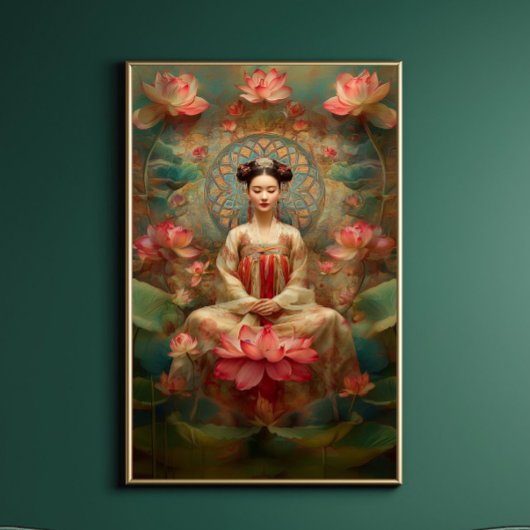 Boeddhistische Godin Quan Yin Roze Lotus Schilderk Poster