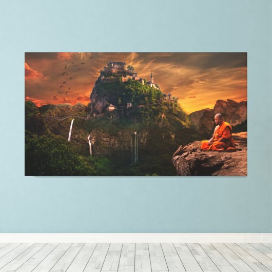 Boeddhistische monnik die het landschap van Fantas Canvas Afdruk (Insitu (Houten vloer))