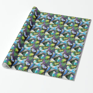 Boedgerigar Parakeets in Ferns wrapppapier Cadeaupapier