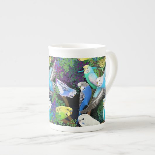 Boedgerigar Parrots in Ferns Bone China Mok (Voorkant rechts)
