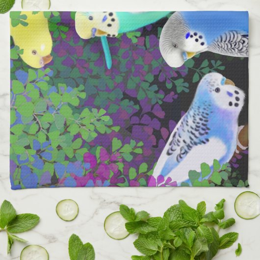 Boedgerigars in Ferns Kitchen Towel Theedoek (Gevouwen)