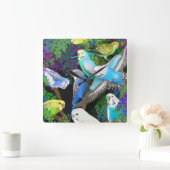 Boedgerigars in Ferns Wall Clock Vierkante Klok (Huis)