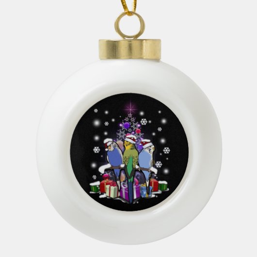 Boedgerigars met kerstcadeautjes en sneeuwvlokken keramische bal ornament (Voorkant)