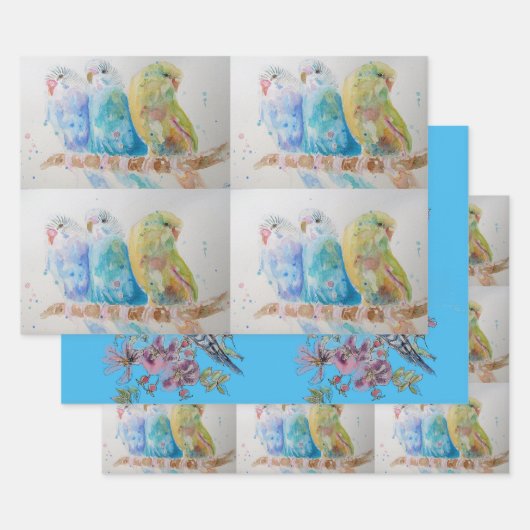 Boedgie art Flower Floral Blue Bird Waterverf Inpakpapier Vel (Set)