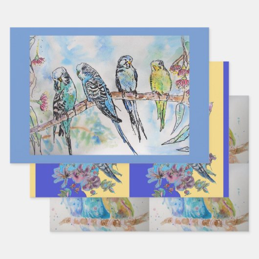 Boedgie art Flower Floral Blue Bird Waterverf Inpakpapier Vel (Set)