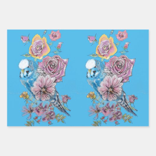 Boedgie art Flower Floral Blue Bird Waterverf Inpakpapier Vel (Voorkant 2)