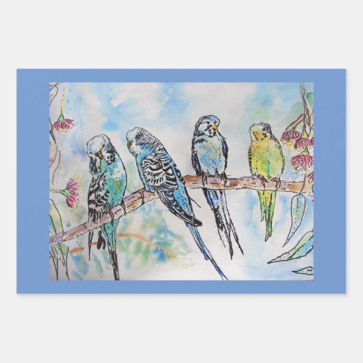 Boedgie art Flower Floral Blue Bird Waterverf Inpakpapier Vel (Voorkant)