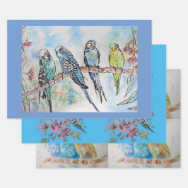 Boedgie art Flower Floral Blue Bird Waterverf Inpakpapier Vel