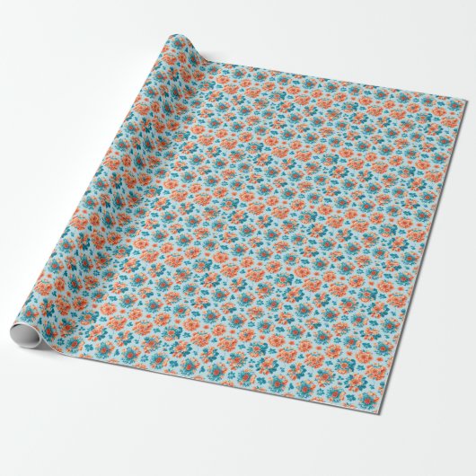 Boeiend blauw en Oranje bloemkunstwerk Cadeaupapier (Uitgerold)