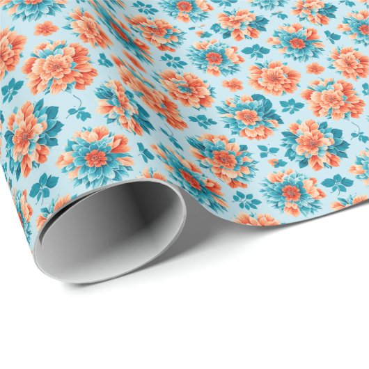 Boeiend blauw en Oranje bloemkunstwerk Cadeaupapier (Rol Hoek)