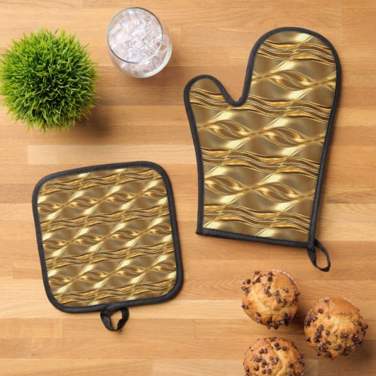 Boeiend goudpatroon ovenwant & pannenlap set (Top down)
