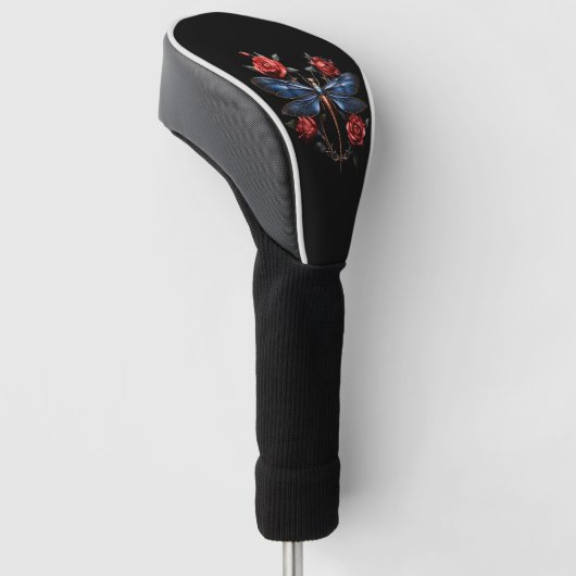 Boeiende kunst: Metallic Dragonfly met rode rozen Golfheadcover (Schuin)