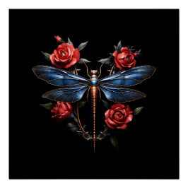 Boeiende kunst: Metallic Dragonfly met rode rozen Perfect Poster