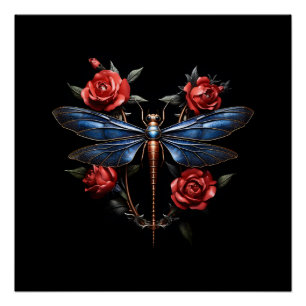 Boeiende kunst: Metallic Dragonfly met rode rozen Perfect Poster