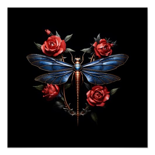 Boeiende kunst: Metallic Dragonfly met rode rozen Perfect Poster (Voorkant)