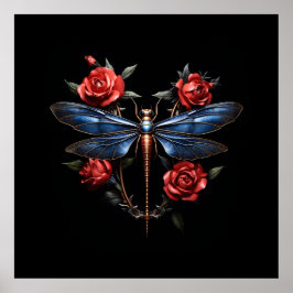Boeiende kunst: Metallic Dragonfly met rode rozen Poster