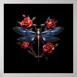Boeiende kunst: Metallic Dragonfly met rode rozen Poster