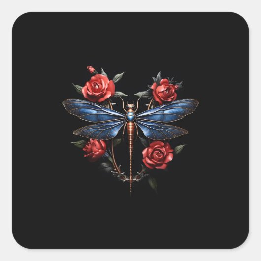 Boeiende kunst: Metallic Dragonfly met rode rozen Vierkante Sticker (Voorkant)