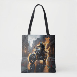 Boeiende prints met fietser omgeven door vlammen tote bag