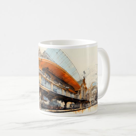 Boeiende schets van een  treinstation koffiemok (Voorkant rechts)