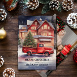 Boeiende Vintage Kerst Scène Vakantie Kaart<br><div class="desc">Presenteren van onze boeiende vintage kerstscène vakantie Kaart ontwerp, een waar meesterwerk dat de hartverwarmende essentie van de vakantie seizoen omvat. Deze kaart nodigt u uit in een waterverf winterwonderland waar nostalgie samenkomt met festiviteit. Aan de voorzijde steelt een rode pick-up truck het show, versierd met een grote kerstboom in...</div>