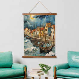 Boeiende vissers kunst in stormachtige Zee nacht Hangend Wandkleed