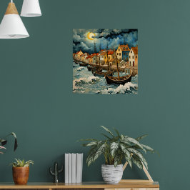 Boeiende vissers kunst in stormachtige Zee nacht Poster