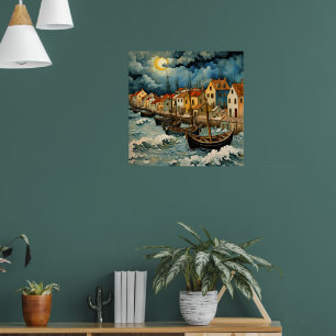 Boeiende vissers kunst in stormachtige Zee nacht Poster