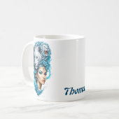 Boeiende vrouw met het hoofd van een majestueuze l koffiemok (Voorkant links)