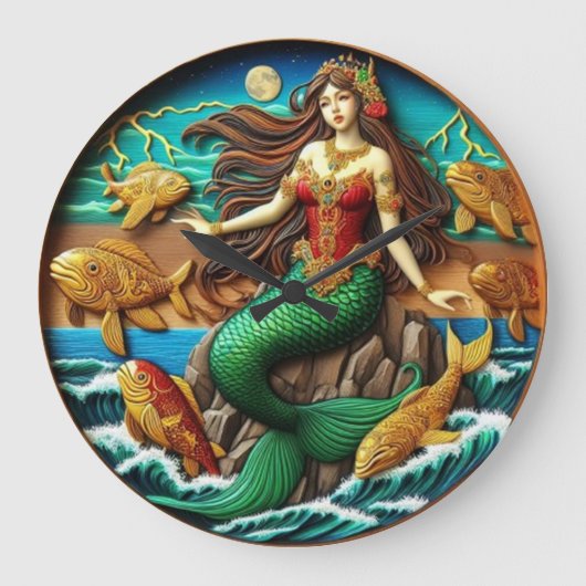 Boeiende Zeemeermin Zittend op een Rock Under a Mo Grote Klok (Voorkant)