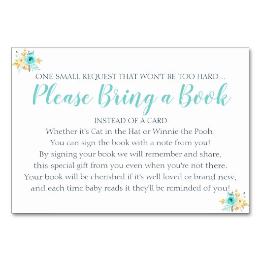 Boek aanvraag Goud Blauwgroen Bloemen Baby shower  Kaart (Voorkant)