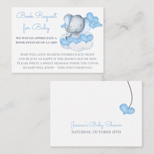 Boek aanvraag voor Baby Boy Elephant Baby shower Informatiekaartje (Voorkant / Achterkant)