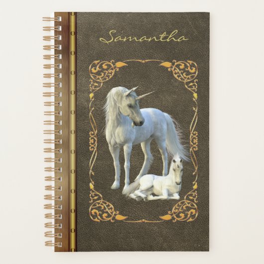 Boek als leder-metaal-unicorn-fantaseval planner (Voorkant)