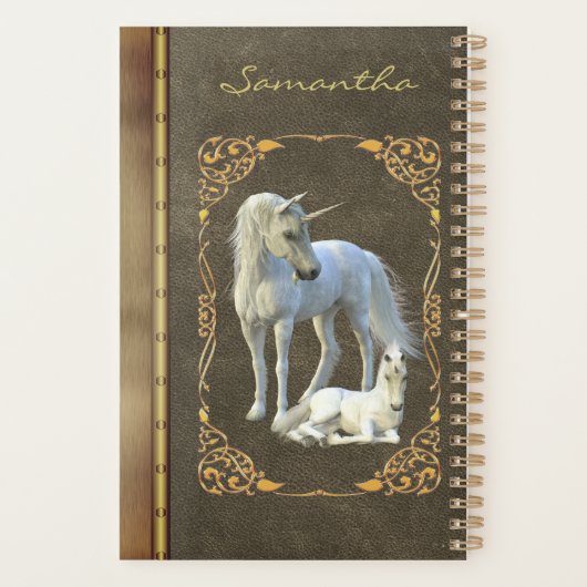 Boek als leder-metaal-unicorn-fantaseval planner (Achterkant)