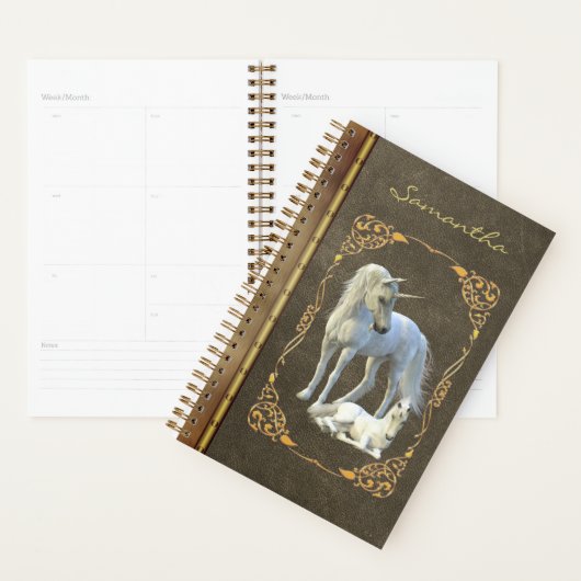 Boek als leder-metaal-unicorn-fantaseval planner (Display)