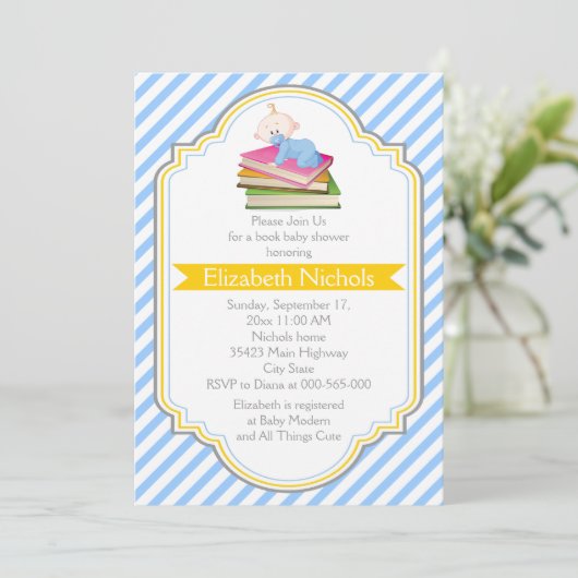 Boek baby boy douche blauw, wit gestreept patroon kaart (Staand voorkant)