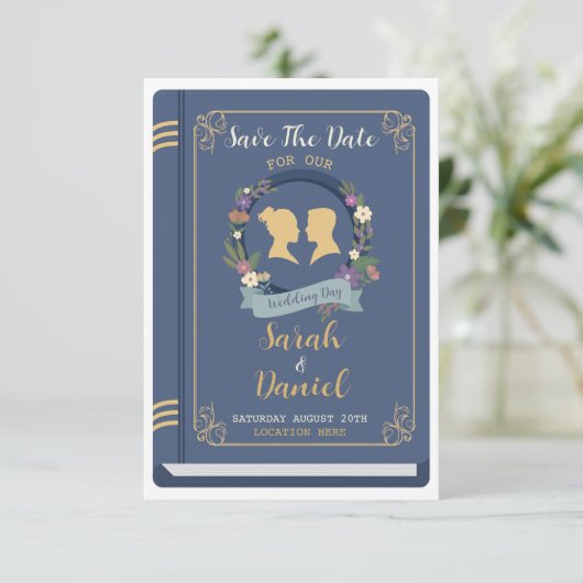 Boek Bewaar de datum Bibliotheek Bruiloft Navy uit Save The Date (Staand voorkant)