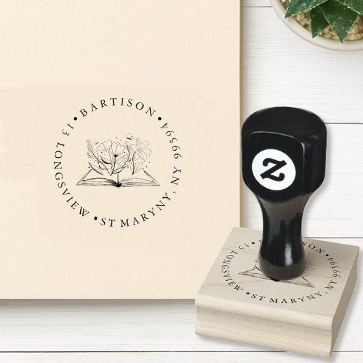 BOEK bloemig RONDE RETOURADRES RUBBERSTEMPEL