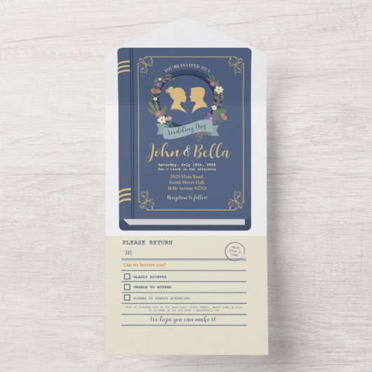Boek bruiloft bibliotheek thema Hoesje & RSVP All In One Uitnodiging (Binnen)