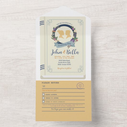 Boek bruiloft bibliotheek thema Hoesje & RSVP All In One Uitnodiging (Binnen)