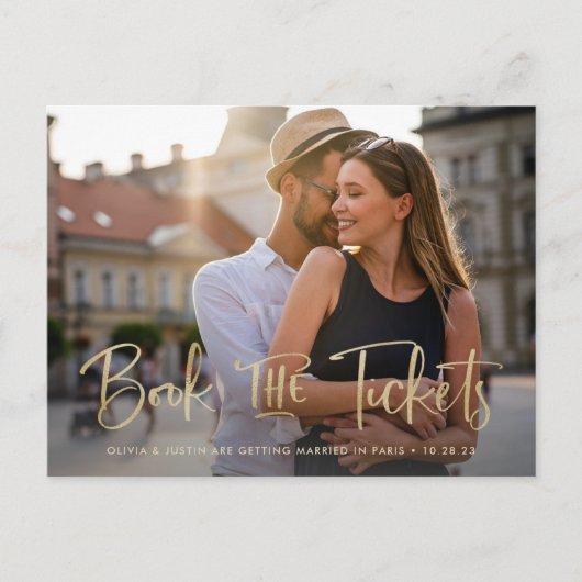 Boek de Tickets Faux Gold Wedding Save the Date Aankondigingskaart (Voorkant)