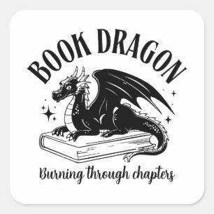 Boek Draak Fantasy Lezer Zwart en Wit Vierkante Sticker