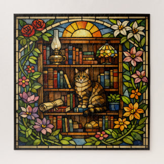 Boek en kat liefhebbers namaak glas in lood legpuzzel