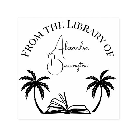 Boek en Palmboom #1 Bibliotheek Script Naam Zelfinktende Stempel (Design)