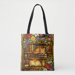Boek- en slapende kat-liefhebbers namaak glas-in-l tote bag