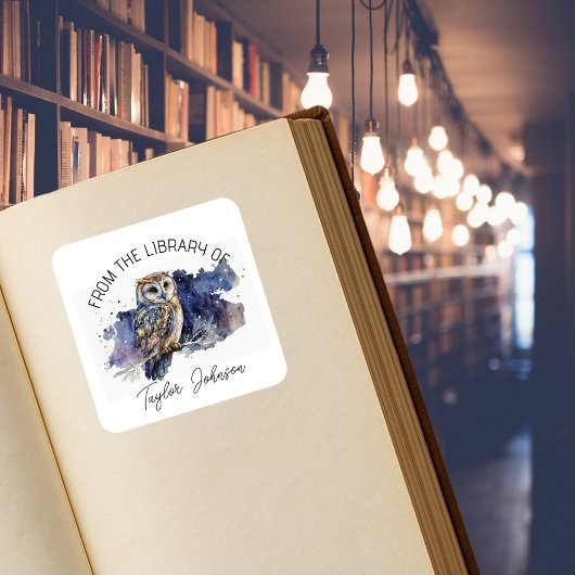 Boek ex-libris sterrenhemel uil vierkante sticker